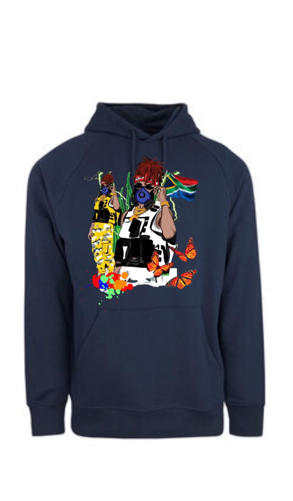 Front of a navy pullover hoodie with a full-colour Butterfly Effect mascot graphic on the chest — gas-masked characters, South African flag, orange monarch butterflies and paint-splatter accents.