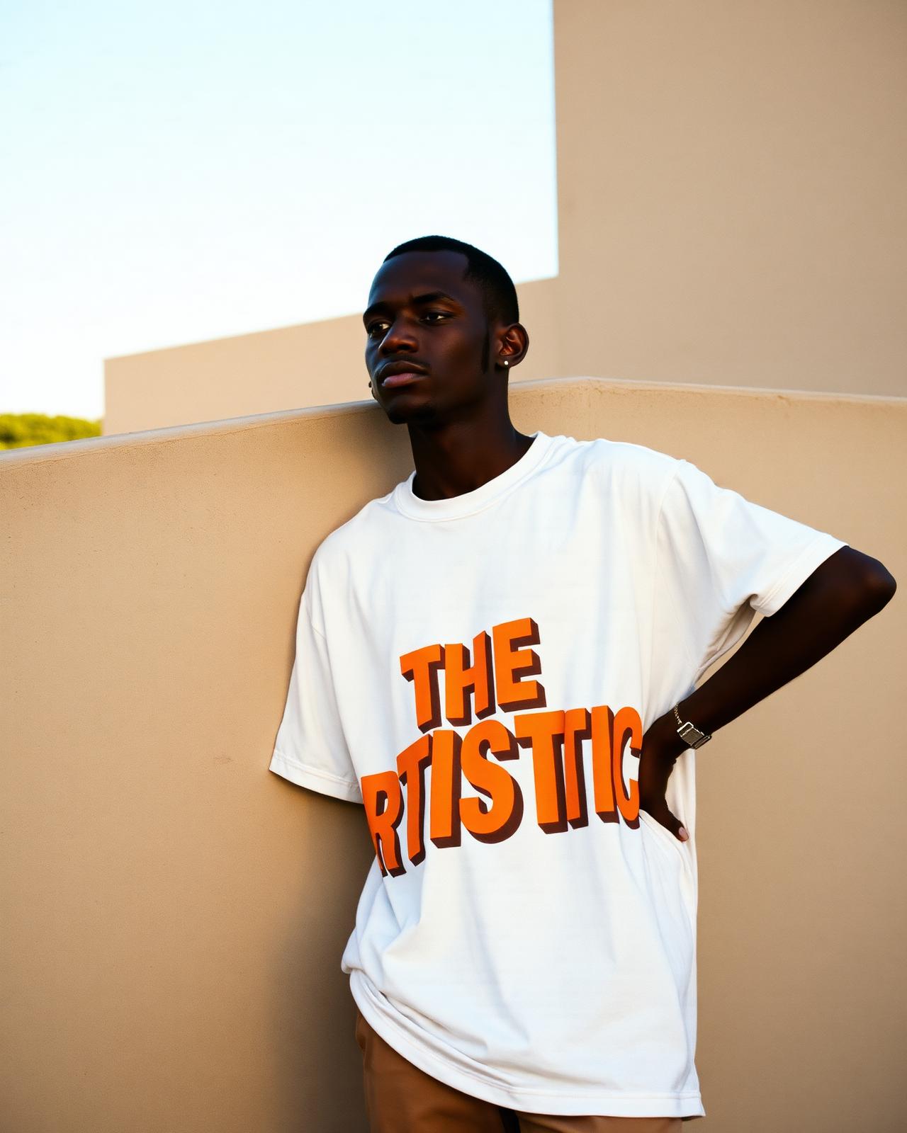 A model leans against a sun-warmed wall in the bone tee.