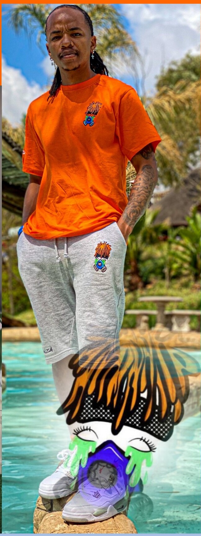 Orange embroidered tee, grey shorts, poolside.