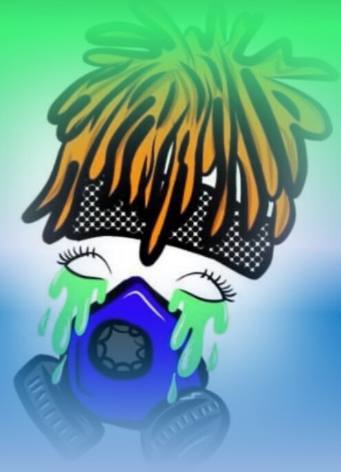 The Artistic mascot in green — orange dreads, checkered band, blue gas mask, green tears.