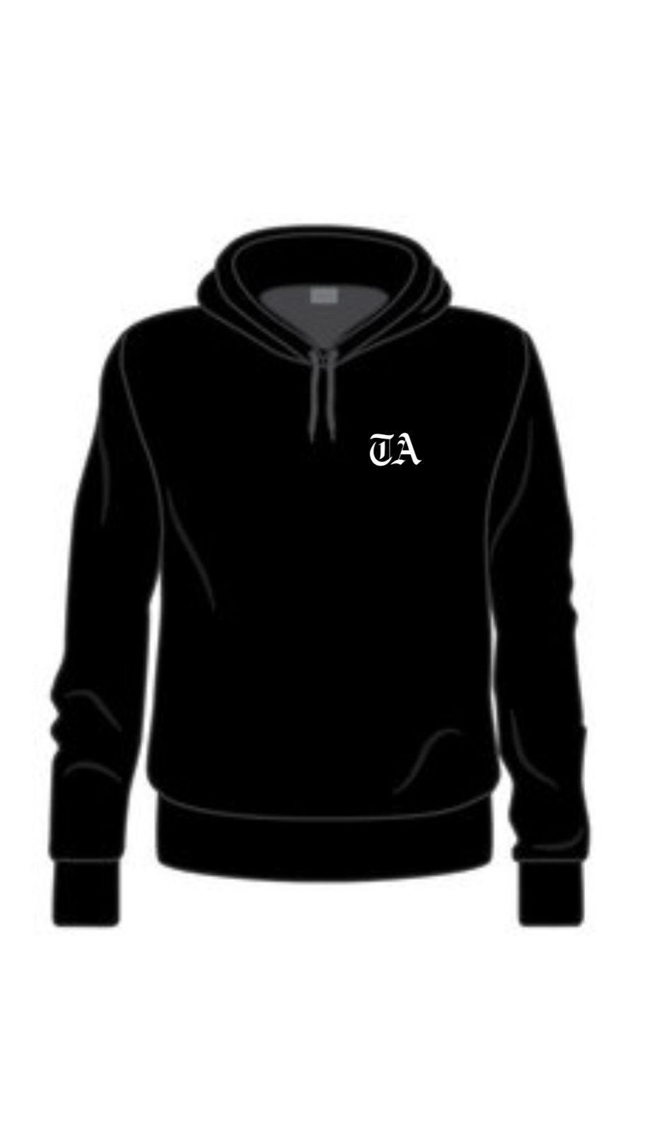 Front of a black pullover hoodie with a small white Old English TA monogram on the left chest.